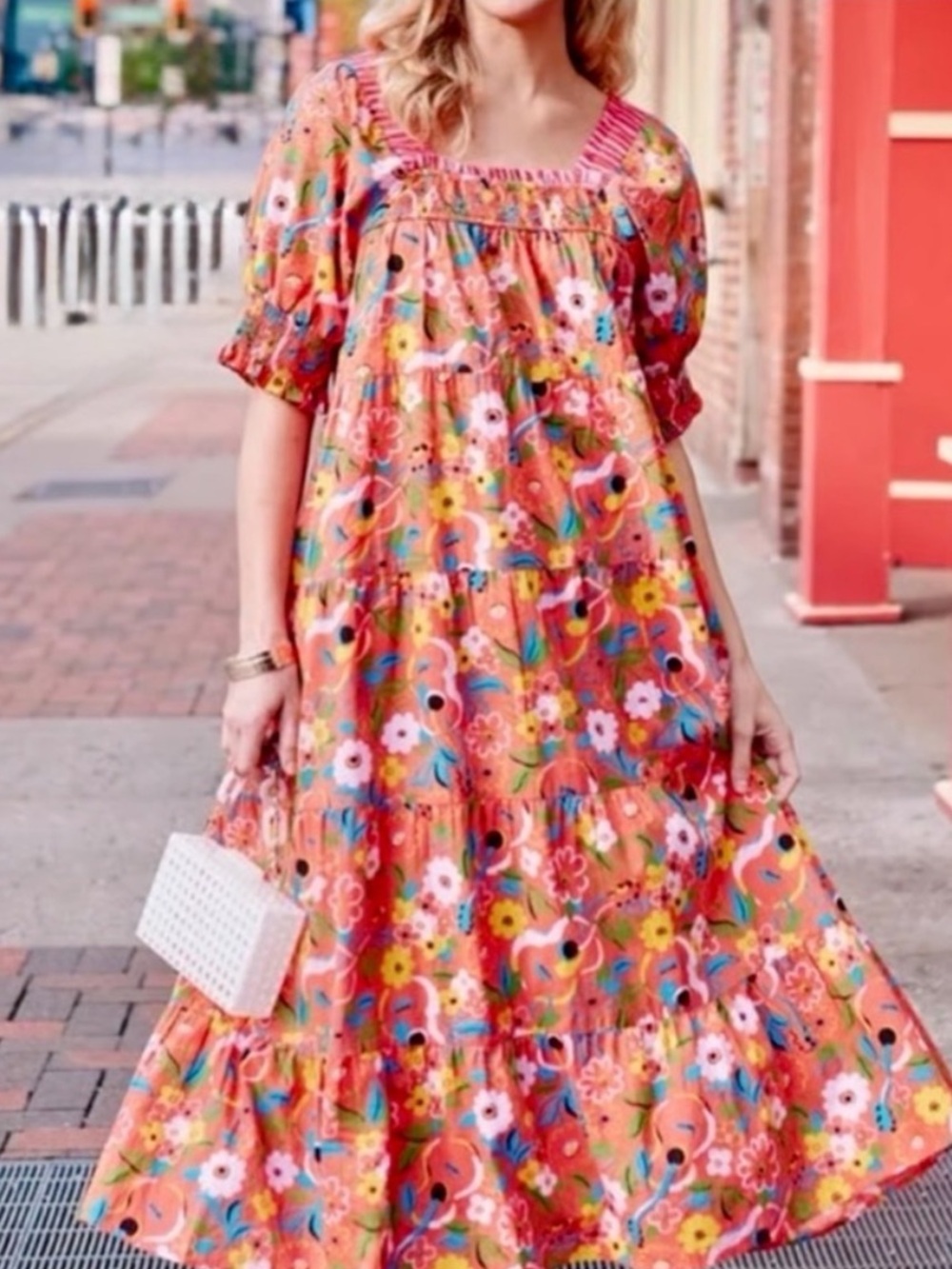 Printfresh Dress The Muse Tiered Midi Dress Smocked Puff Sleeve in Peach Cobbler - Picture 2 of 7